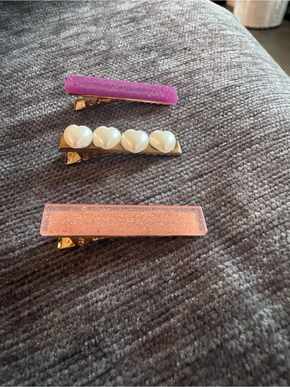 Set of 3 Girl’s Hair Clips - Pink, Purple, Pearl Heart